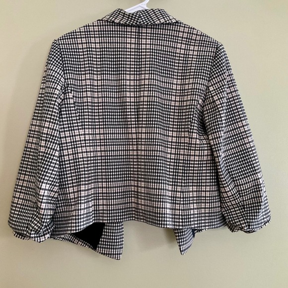 Ann Taylor Factory Plaid Open Front Blazer Ruched 3/4 Sleeve Black Tan M Career - Picture 4 of 11